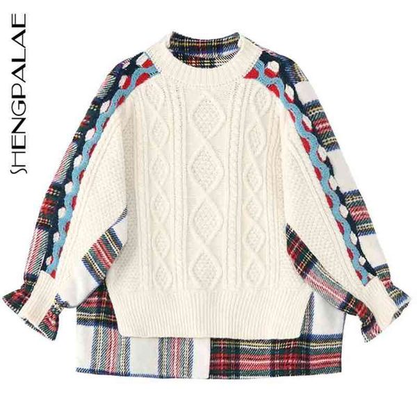 

fashion patchwork sweater women's autumn plaid large size round neck long sleeve knitted pullover female 5a885 210427, White;black