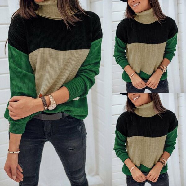

women's sweaters turtlenck long sleeve dark green splice knitted jumper knitwear winter outwear jersey mujer, White;black