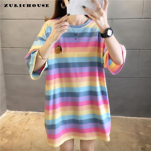 

women's t-shirt zurichouse personality rainbow striped women short sleeve o-neck fashion embroidery summer oversized tee shirt, White