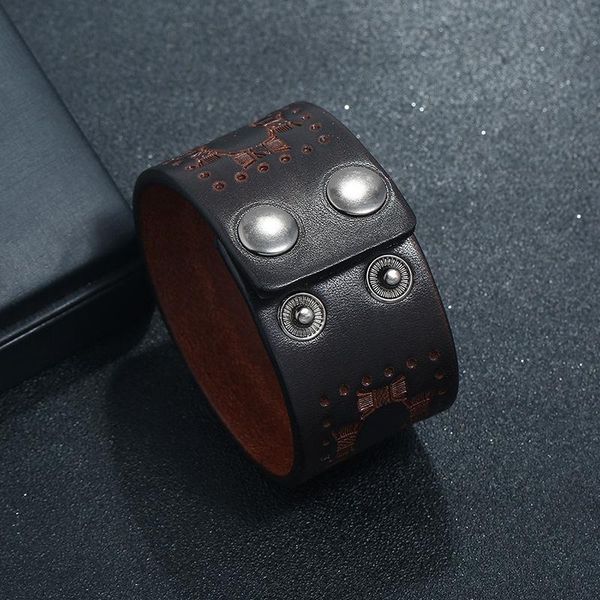 

tennis 3.8cm wide genuine leather printed bracelets for men vintage punk rock male wristband adjustable snap button buckle cuff bangles, Golden;silver