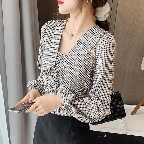 

women's blouses & shirts england style spring woman vintage plaid puff sleeve v-neck drawstring waist female office lady floral tees, White