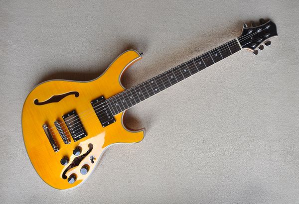 Gelber Korpus, ungewöhnlich geformte E-Gitarre mit Chrom-Hardware, Palisander-Griffbrett, bietet maßgeschneiderte Dienstleistungen