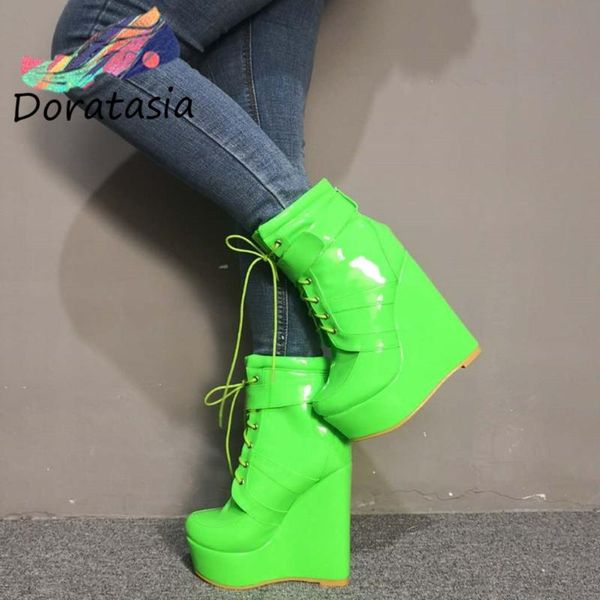 

boots doratasia cool women platform high heels shoes buckle fashion designer brand solid lace up ankle, Black