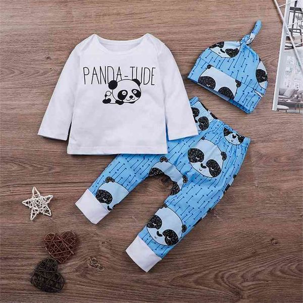 Inverno Crianças Define Manga Longa O Pescoço Carta T-shirt Impressão Panda Blue Hat Cute 2 Pcs Meninas Meninos Roupas 0M-3T 210629