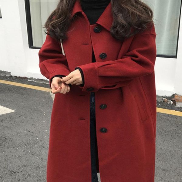 

women's wool & blends double sided cashmere coat medium length 2021 autumn winter season korean loose lantern sleeve red, Black