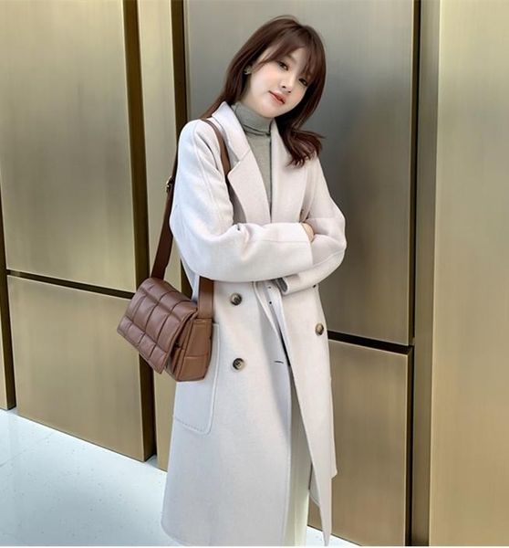 

women's wool & blends mid-length double-breasted suit collar loose woolen coat double-sided handmade cashmere women, Black