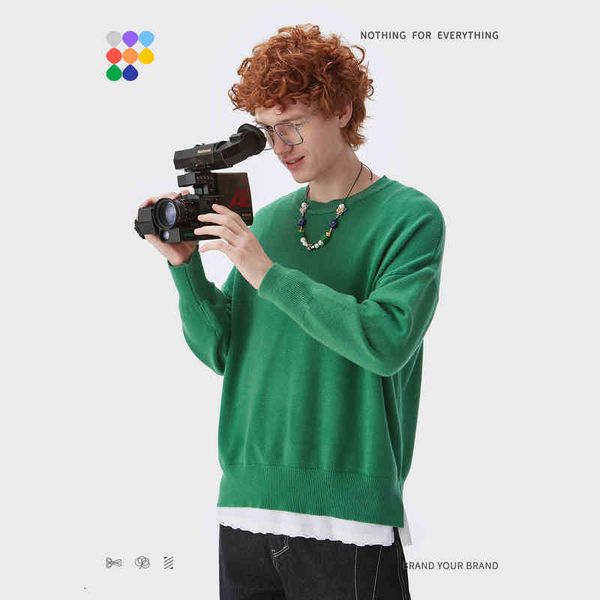 

inflation crewneck oversized women fall 2021 trendy orange knitted sweaters men plain green pullovers, Black