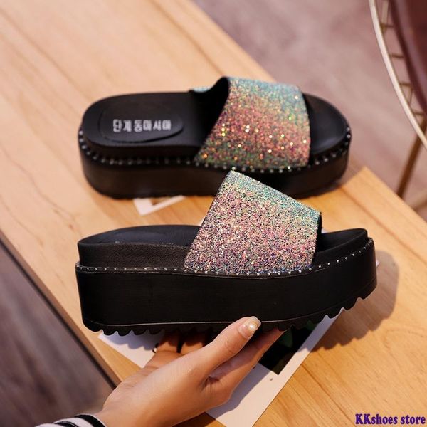 

slippers women bling slides high flat heel slip on platform rubber ladies shoes beach sandals flip flops zapatos de mujer, Black