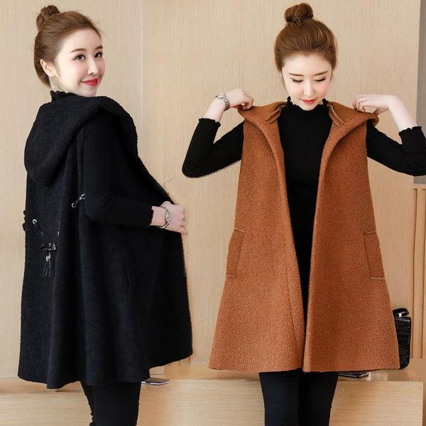 

women's vests large size vest jacket 2021 autumn winter waistcoat outwear mid-length loose cardigan lace-up sleeveless coat female, Black;white