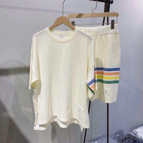 

1387 large t1282 color tb shorts ice silk stripe short sleeve loose set, White;black