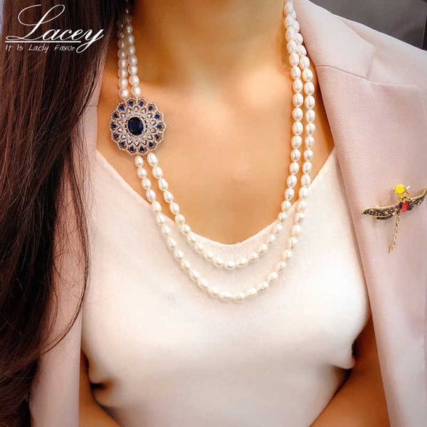 

two strands freshwater for women,real pearl wedding trendy sweater necklace blue gemstone, Silver