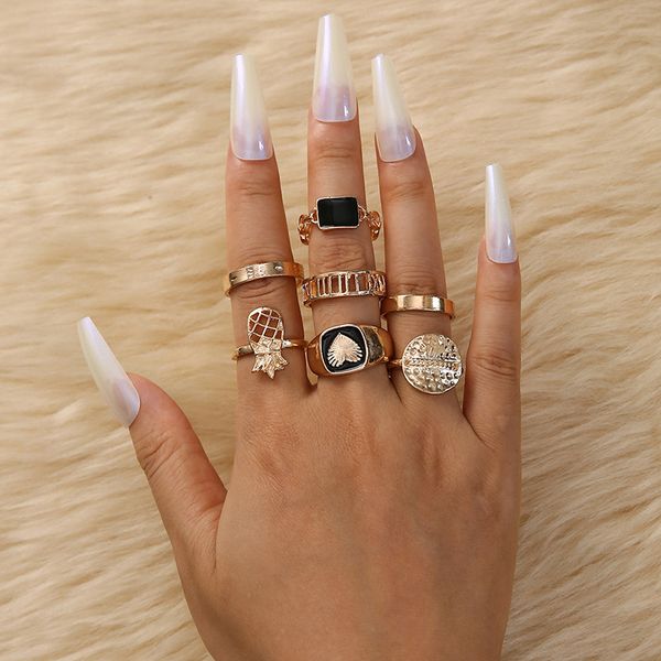 

s2593 fashion jewelry knuckle ring set drop glaze hollow out pineapple geometric rings 7pcs/set, Silver