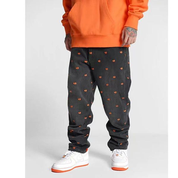 

men's jeans 2021 printed heartbroken embroidered hip-hop streetwear casual pants loose straight black color trousers s-3xl, Blue