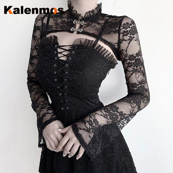 

women's hoodies & sweatshirts kalenmos lace short women vintage flower embroidery long sleeve sweatshirt gothic streetwear party elegan, Black