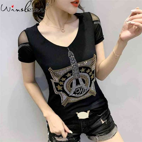 

women summer short sleeve tower diamonded fashion t-shirt ladies backless retro female tee tshirt cotton t06004b 210421, White