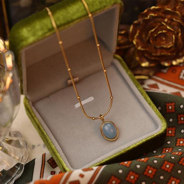 

pendant necklaces vintage oval sea blue natural opal jewelry necklace women exquisite fashion stainless steel gold chain clavicle, Silver