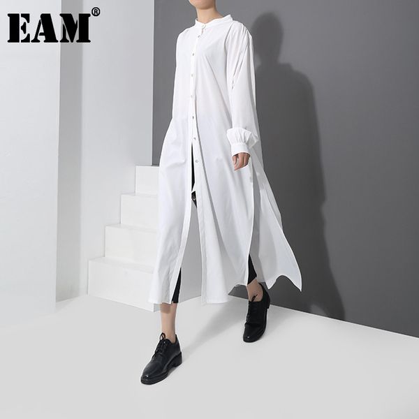 

[eam] spring fashion pattern long type side vent button shirt long sleeve temperament blouse women yc170 21512, White