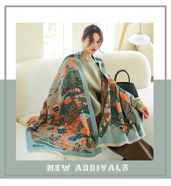 

scarves koi leaping european and american style ladies fashion landscape pattern printing cashmere shawl warm scarf gift, Blue;gray