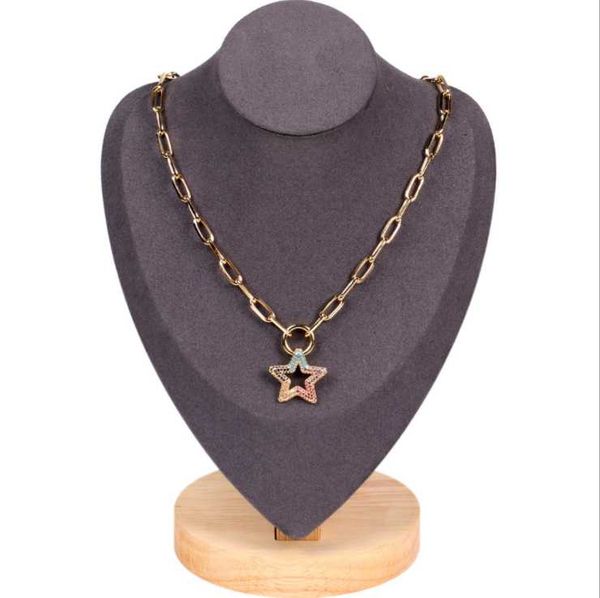 

pentagram necklace hip hop style colorful full rhinestone star lock thick chain chains, Silver
