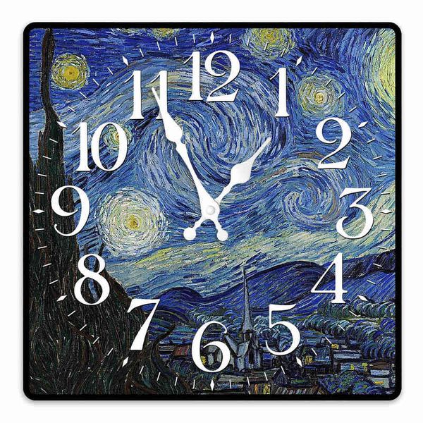 Van Gogh Pittura decorativa di cielo stellato Decorazioni per la casa Orologio da parete Orologio da parete moderno silenzioso senza ticchettio Orologi da parete quadrati retrò H1230