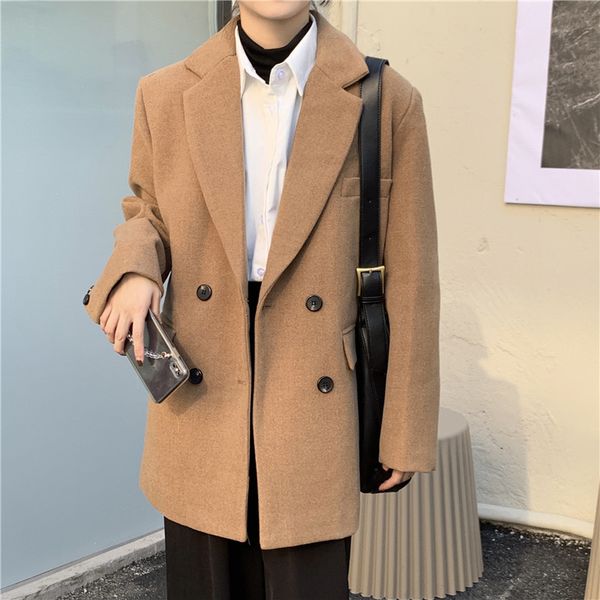 

loose brief solid gentle streetwear all match women chic vintage ol jackets female outwear blazers woolen coats 210421, White;black