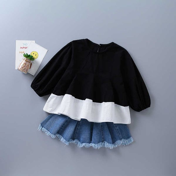 

2-7 years girl clothing set autumn fashion patchwork shirt + denim skirt kid children 210615, White