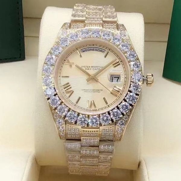 

luxury diamond men's watch gold dial stainless steel strap automatic date, Slivery;brown