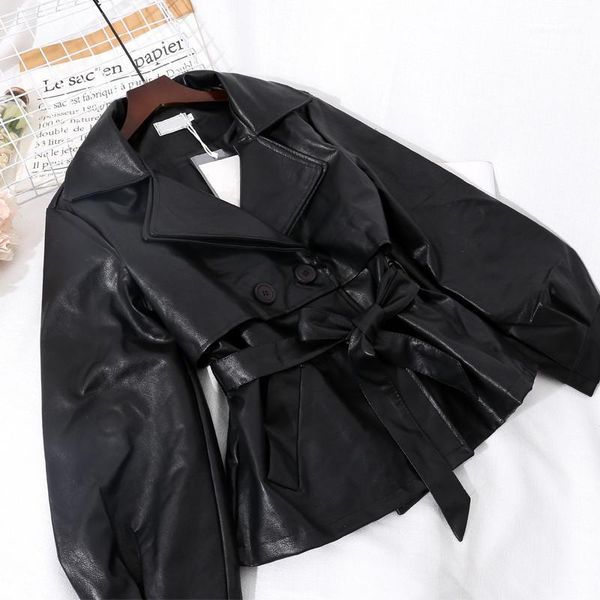 

women's leather & faux 2021 loose fashion pu jacket women spring autumn biker coat motorcycle lace up black ladies basic coats