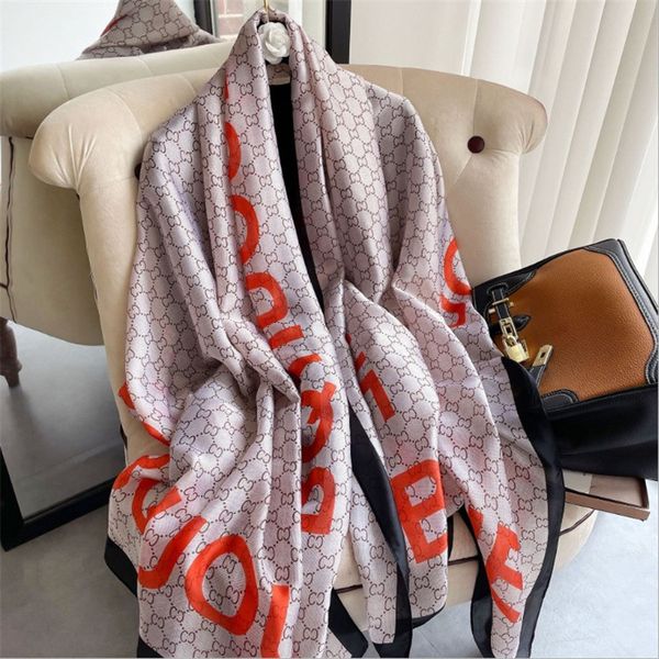 

shawls spring and summer sunscreen emulation silk scarf european american letters printing decoration air conditioning shawl, Blue;gray
