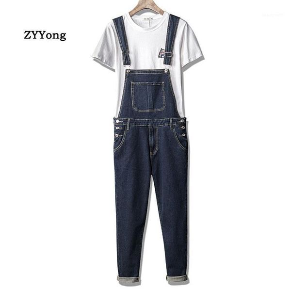 

fahsion man jeans bib overalls multi-pocket streetwear hip hop denim jumpsuits trousers dark blue large size freight pants men's