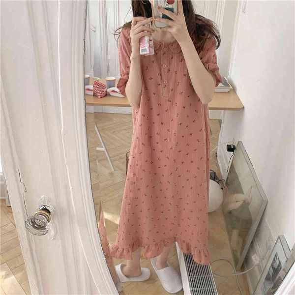 

women's sleepwear summer cherry print cotton nightgowns women sleepwear short sleeve peter pan collar homewear midi dress casual n, Black;red