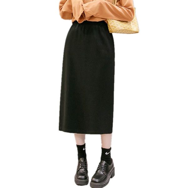 

skirts high waist straight skirt 2021 autumn women elegant fashion black mid long elastic back split design