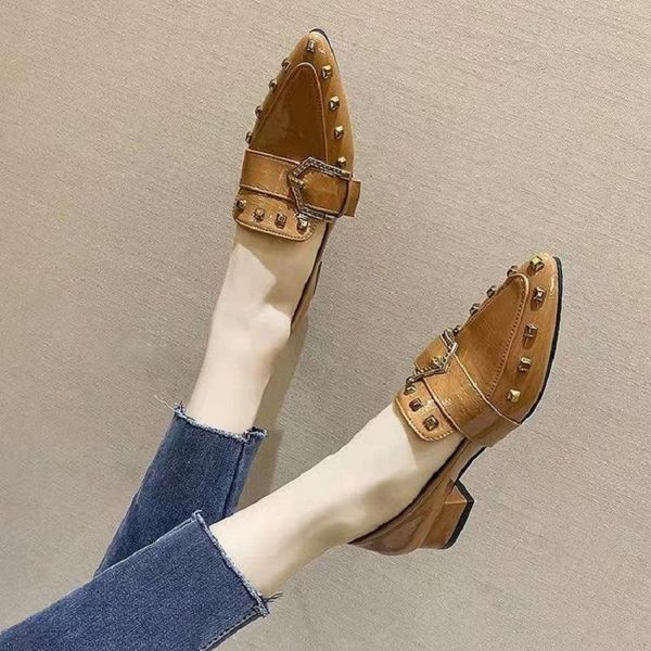 

dress shoes spring autumn women pointed single thick heel low leather mary jane slip on footwear female zapatillas mujer, Black