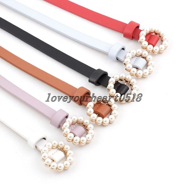 

fashion pearl decorative belts ladies waistbands round pin buckle pearls belts women's casual solid color pu leather thin belt, Black;brown