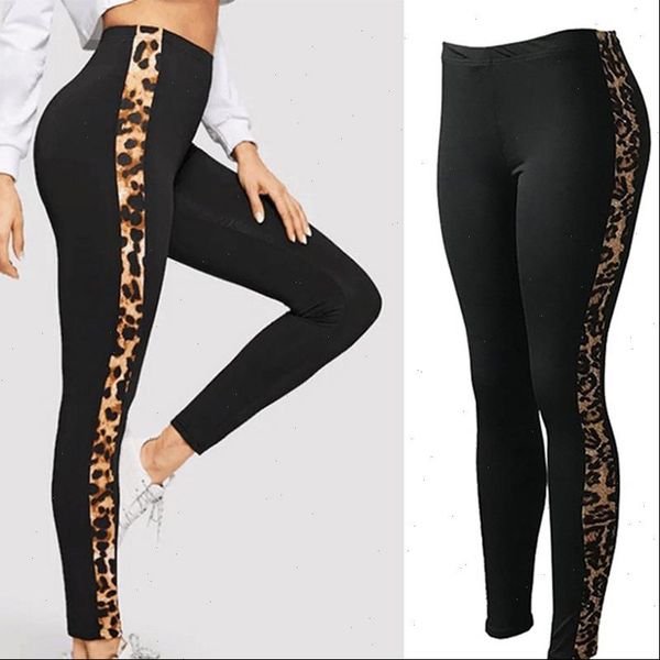 

summer leopard side striped skinny womens leggings stretchy ankle length running cycling spots lenggings, Black