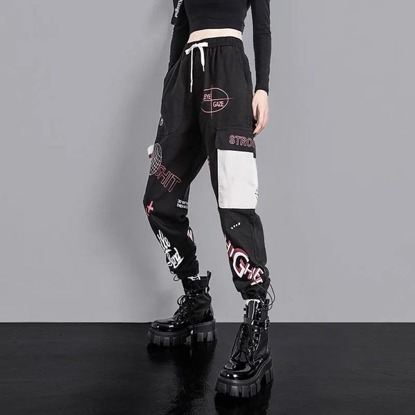 

women's pants & capris high waist women loose cargo quality handsome pattern print streetwear trousers plus size woman casual jogger pa, Black;white