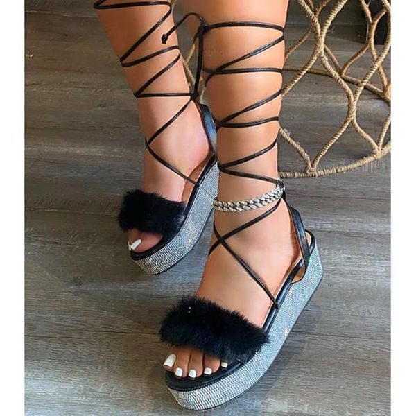

bling rhinestone fur strap shoes slip-on entry platform sandals for women chunky summer beach outdoor slippers black