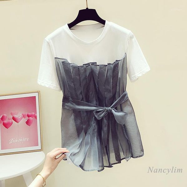 

shirt woman 2021 summer temperament mesh stitching tied waist round neck short sleeve camisetas de mujer women's t-shirt, White