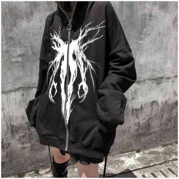

women hoodie dark gothic style retro street printed zipper ladies couple sweatshirt casual loose large size jacket fall 2021, Black