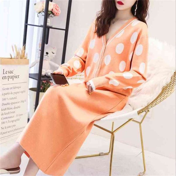 

knitted sweater skirt 2 piece set dot print cardigan & elastic high waist a-line fashion suits 210427, White;black