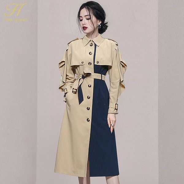 

women's trench coats h han queen simple single breasted women autumn color combination coat ladies lace-up fashion windbreaker cardigan, Tan;black