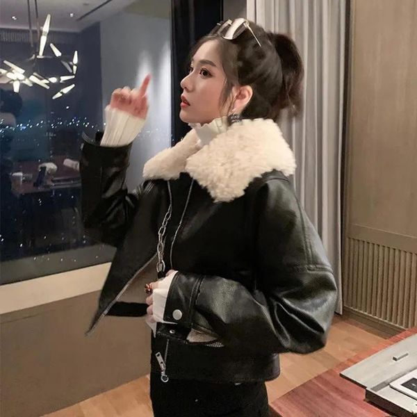 

women's leather & faux fur collar short elegant ladies parka jacket 2xl thick warm winter coat women fashion black