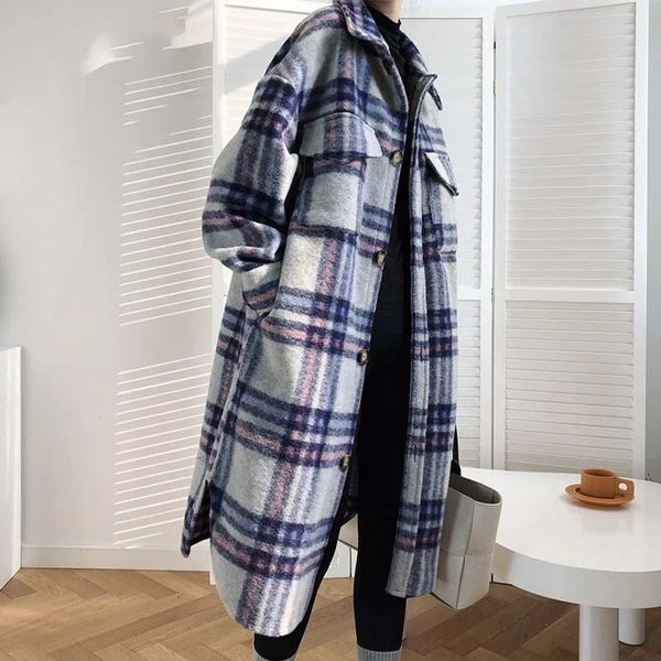 

women's wool & blends women winter woolen coats 2021 female plaid print retro warm thick long jacket outercoats korean style outwear, Black
