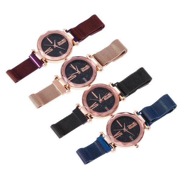 

wristwatches luxury rose gold women watches minimalism starry sky magnet buckle fashion casual female wristwatch waterproof roman numeral, Slivery;brown