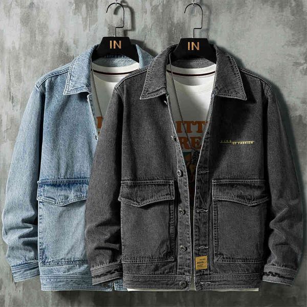 

2021 autumn men's jacket retro loose denim jackets fashion streetwear blue dark gray coat male brand clothes, Black;brown
