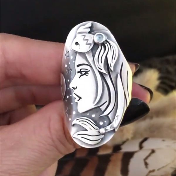 

plated beset ring selling sanjie creative animal model women's head fashion punk style mermaid jewelry pisces alloy, Silver