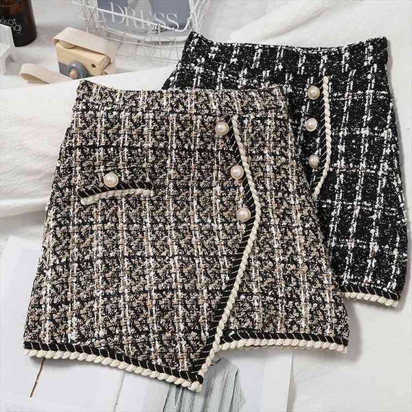 

fall winter style contrasting side-breasted women skirt irregular temperament tweed plaid bag hip, Black