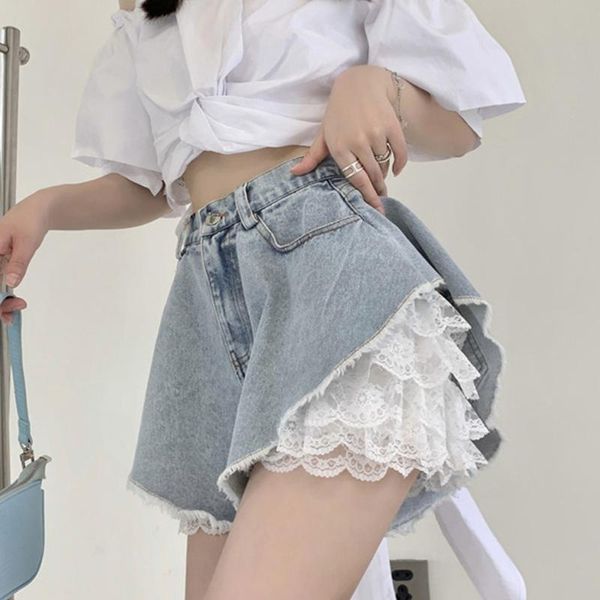 

women's shorts high waist jeans loose a-line wide-leg pants stitching lace design side 2021 summer fashion korean version, White;black