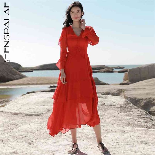 

shengpllae temperament beach fairy chiffon dress women's summer v-neck ruffle waist long sleeve mid-calf dresses 5c555 210427, White