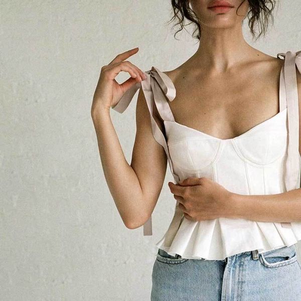 

inspired vintage style women pleated blouse women bow tied straps shoulder white street wear girls new 210412